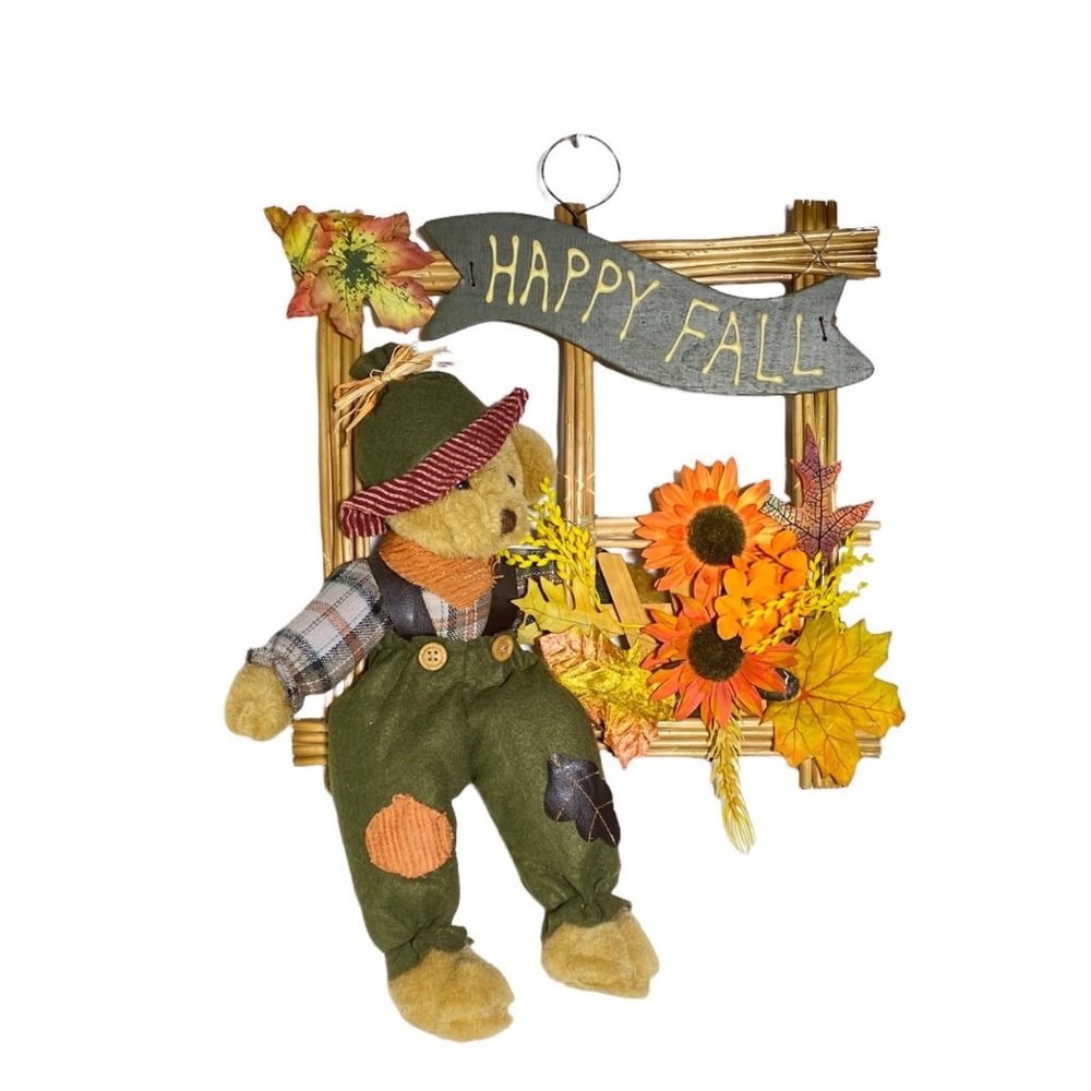 Happy Fall Hanging Door Wall Sign Harvest Thanksgiving Bear Autumn Leaves Flower